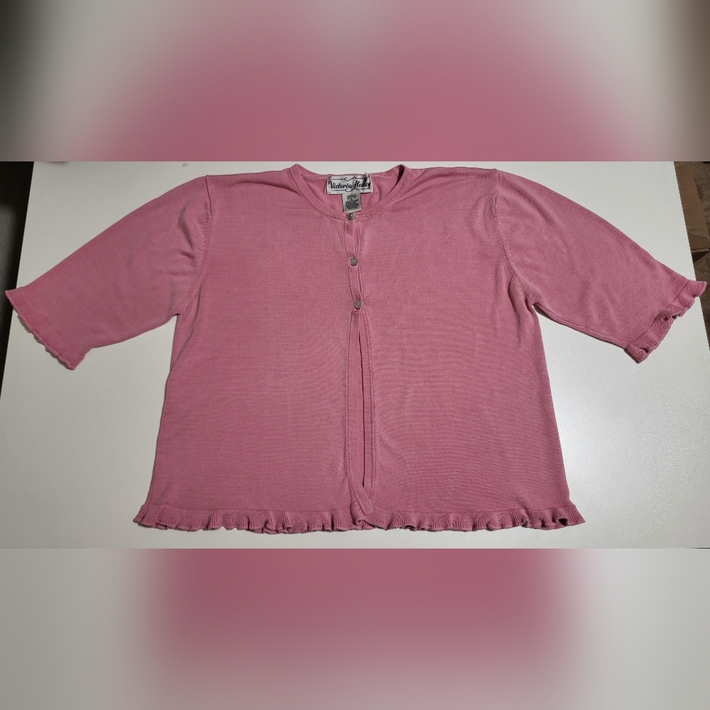 Victoria Holley Pink Ruffled Button Up Silk Cardigan, 1/2 Sleeve Length, Large